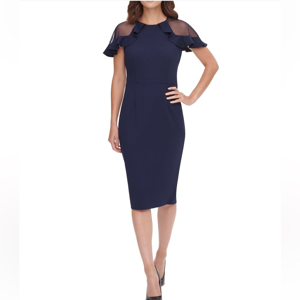 NEW Elegant Eliza J Navy Ruffled Sleeve Dress Size 10 Excellent Condition